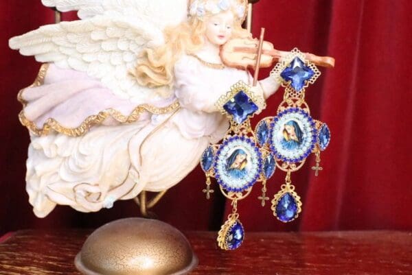 SOLD! 7094 Virgin Mary Blue Rhinestones Earrings - Image 2