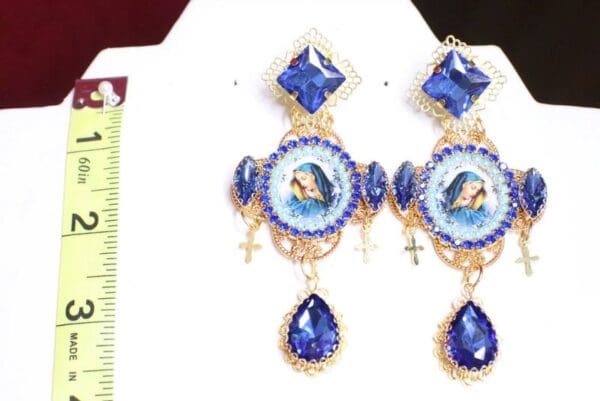 SOLD! 7094 Virgin Mary Blue Rhinestones Earrings - Image 3