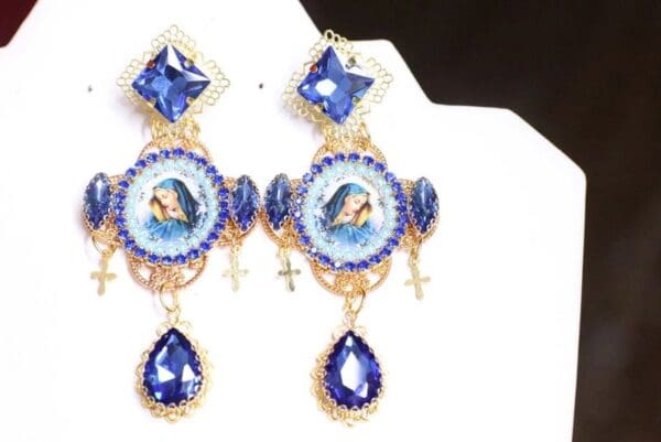 SOLD! 7094 Virgin Mary Blue Rhinestones Earrings - Image 4