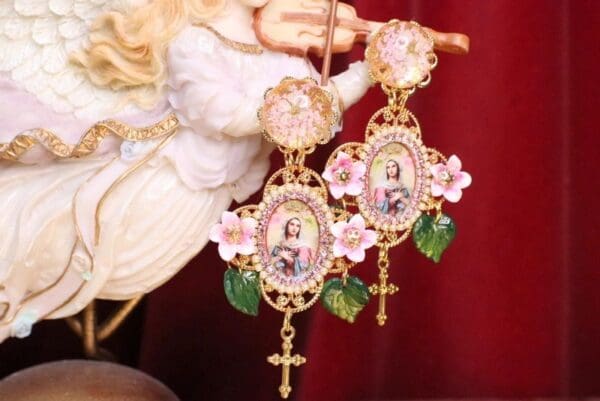 SOLD! 7096 Virgin Mary Pale Pink Cross Rhinestones Earrings - Image 2