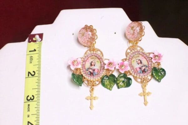 SOLD! 7096 Virgin Mary Pale Pink Cross Rhinestones Earrings - Image 3