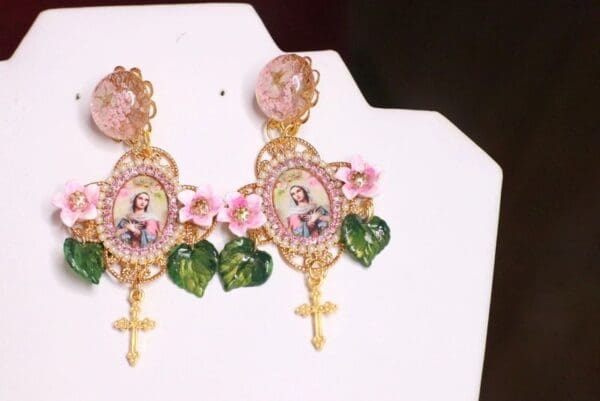 SOLD! 7096 Virgin Mary Pale Pink Cross Rhinestones Earrings - Image 4
