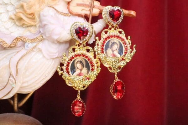 SOLD! 7097 Virgin Mary Madonna And A Child Red Rhinestones Earrings - Image 2