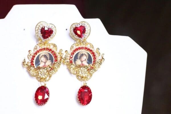 SOLD! 7097 Virgin Mary Madonna And A Child Red Rhinestones Earrings - Image 4