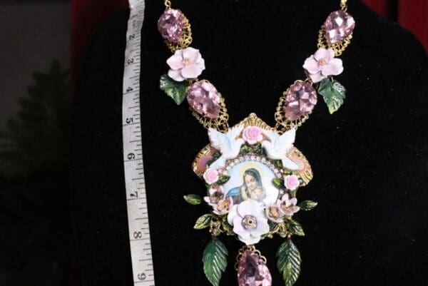 SOLD! 7099 Virgin Mary Icon Cameo Doves Flower Massive Necklace - Image 2