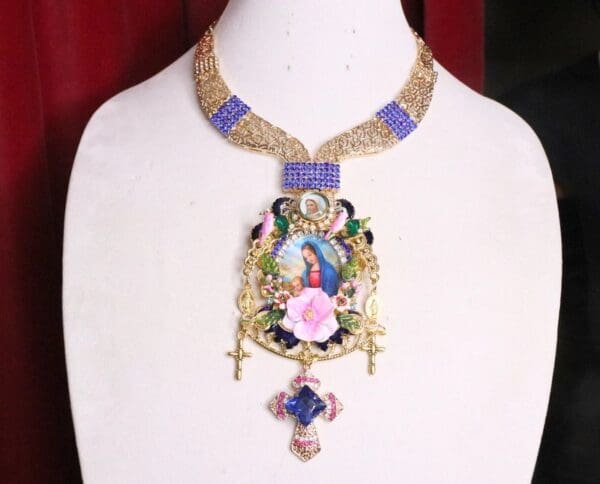 SOLD! 7100 Virgin Mary Icon Cameo Blue Rhinestones Massive Necklace - Image 2
