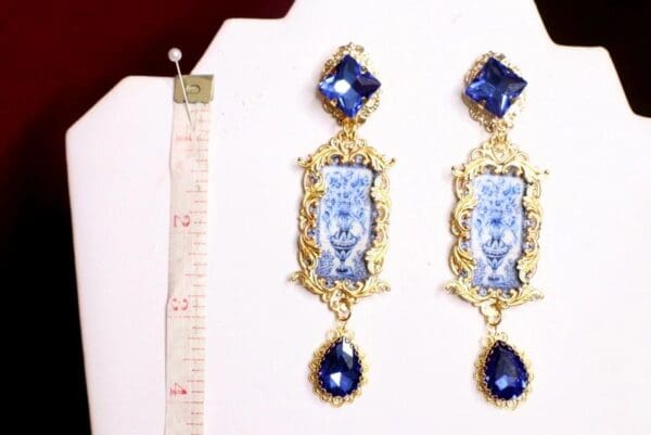 SOLD! 7101 Baroque Sicilian Tile Blue Vase Tall Earrings - Image 2