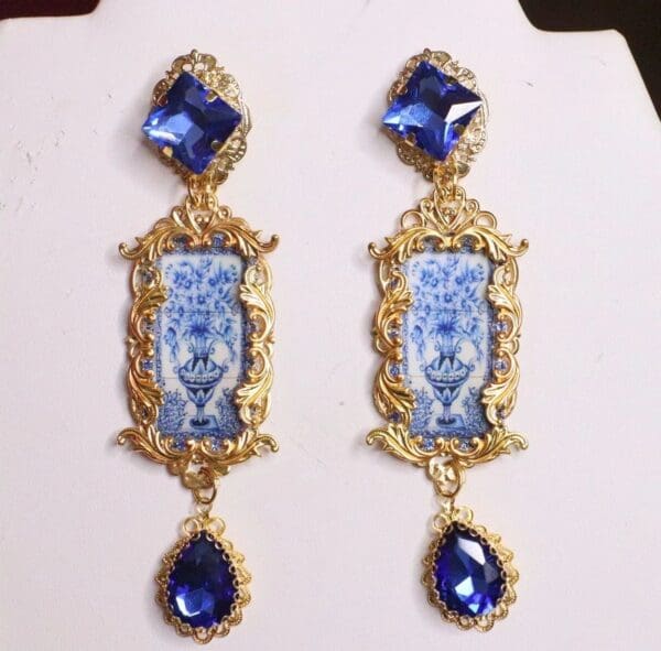 SOLD! 7101 Baroque Sicilian Tile Blue Vase Tall Earrings - Image 3