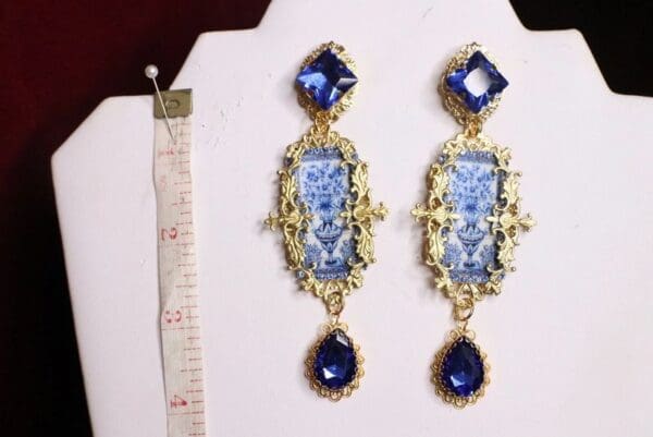 SOLD! 7102 Baroque Sicilian Tile Blue Vase Tall Earrings - Image 3