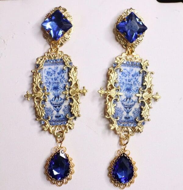 SOLD! 7102 Baroque Sicilian Tile Blue Vase Tall Earrings - Image 2