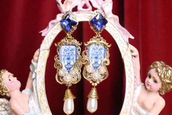 SOLD! 7103 Baroque Sicilian Tile Blue Vase Tall Pearl Earrings - Image 2