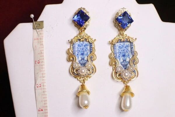 SOLD! 7103 Baroque Sicilian Tile Blue Vase Tall Pearl Earrings - Image 3