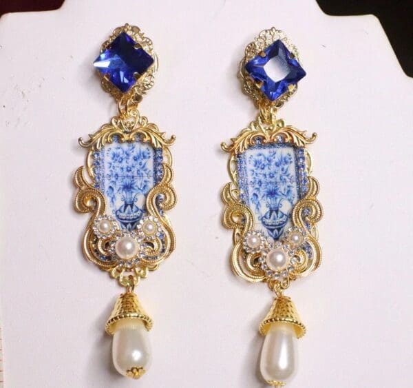 SOLD! 7103 Baroque Sicilian Tile Blue Vase Tall Pearl Earrings - Image 4