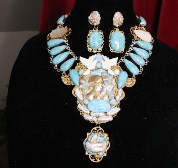 SOLD! 7106 Set Of Art Nouveau Genuine Caribbean Larimar Mother Of Pearls Necklace+ Earrings - Image 2