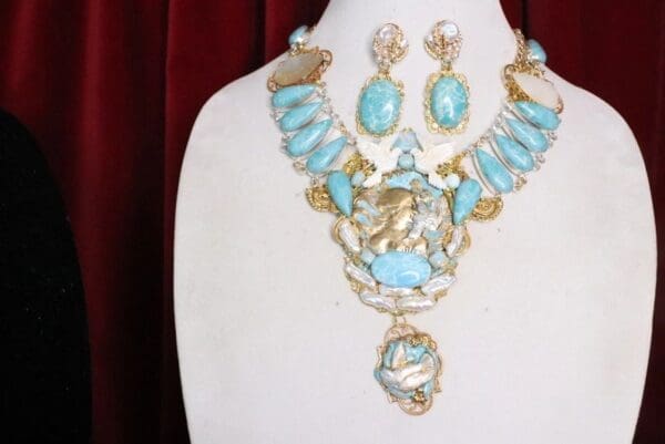 SOLD! 7106 Set Of Art Nouveau Genuine Caribbean Larimar Mother Of Pearls Necklace+ Earrings - Image 5
