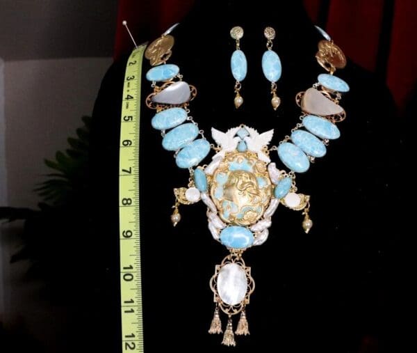 SOLD! 7109 Set Of Art Nouveau Genuine Caribbean Larimar Mother Of Pearls Necklace+ Earrings - Image 4