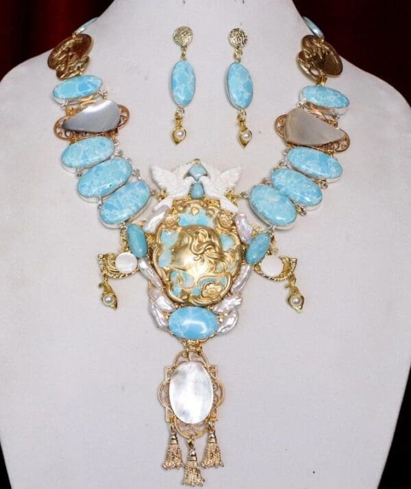 SOLD! 7109 Set Of Art Nouveau Genuine Caribbean Larimar Mother Of Pearls Necklace+ Earrings - Image 2