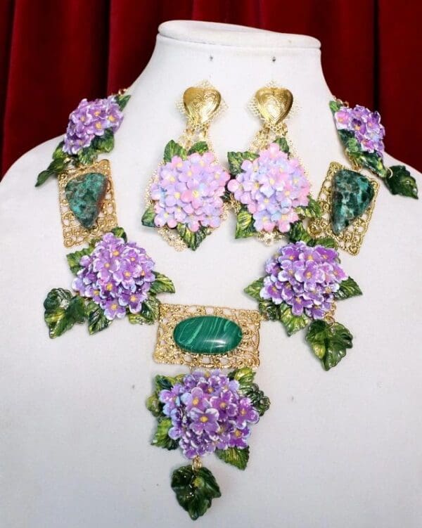 SOLD! 7114 Genuine Malachite Chrysocolla Gemstones Hand Painted Hydrangea Flower Necklace - Image 7