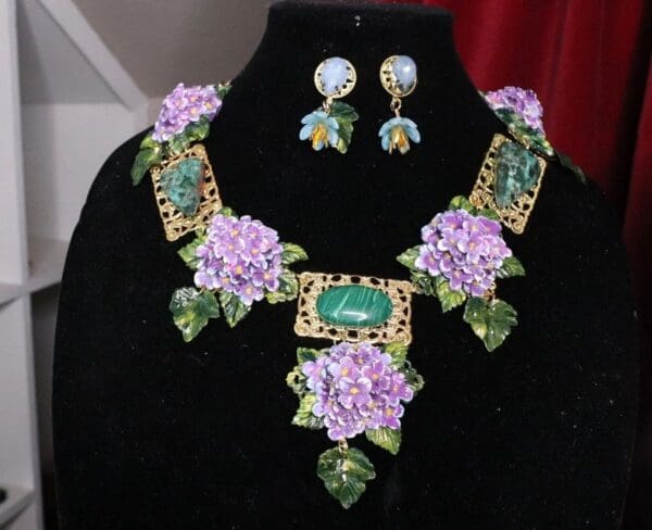 SOLD! 7114 Genuine Malachite Chrysocolla Gemstones Hand Painted Hydrangea Flower Necklace