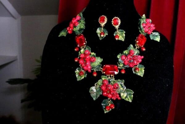 SOLD! 7115 Set Art Nouveau Vivid Cranberries Hand Painted Necklace+ Earrings - Image 2