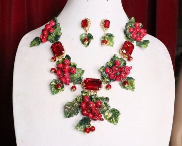 SOLD! 7115 Set Art Nouveau Vivid Cranberries Hand Painted Necklace+ Earrings
