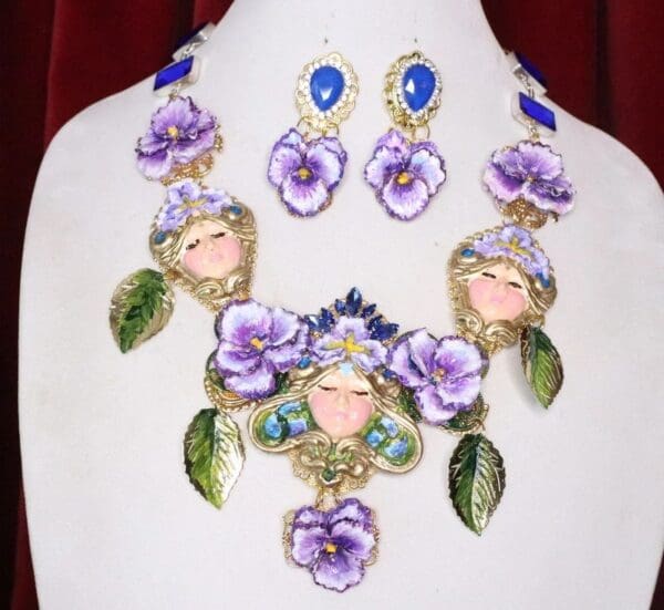 SOLD! 7124 Set Of Art Nouveau Faces Viola Flower Hand Painted Necklace+ Earrings