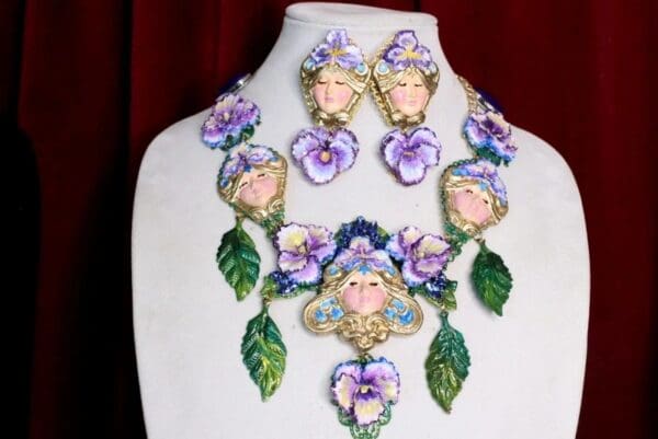 SOLD! 7125 Art Nouveau Faces Viola Flower Hand Painted Necklace