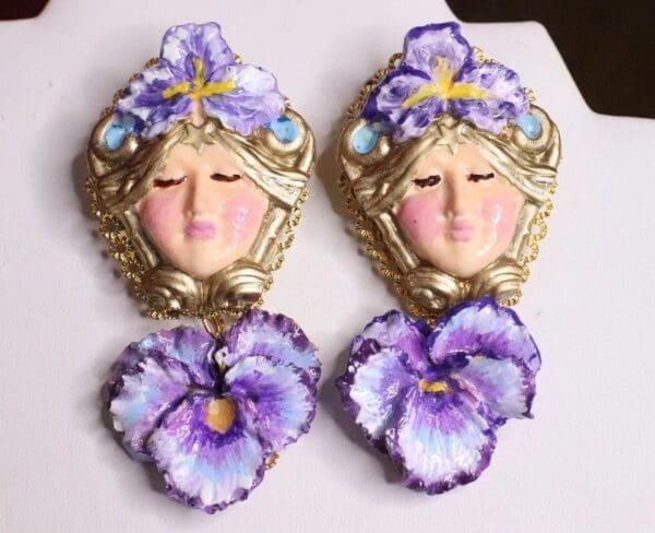 SOLD! 7126 Art Nouveau Goddess Viola Flower Earrings - Image 8