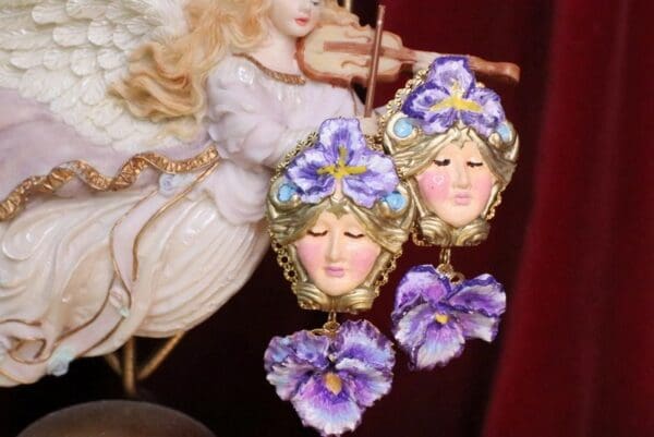 SOLD! 7126 Art Nouveau Goddess Viola Flower Earrings - Image 2
