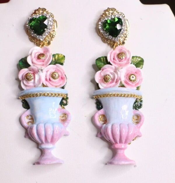 SOLD! 7127 Victorian Vase Roses Flower Earrings - Image 7