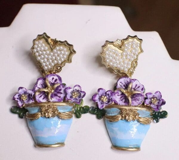 SOLD! 7128 Victorian Vase Viola Flower Earrings - Image 6