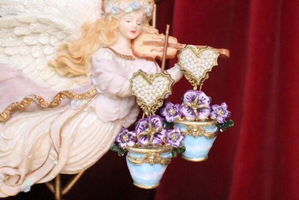 SOLD! 7128 Victorian Vase Viola Flower Earrings - Image 7