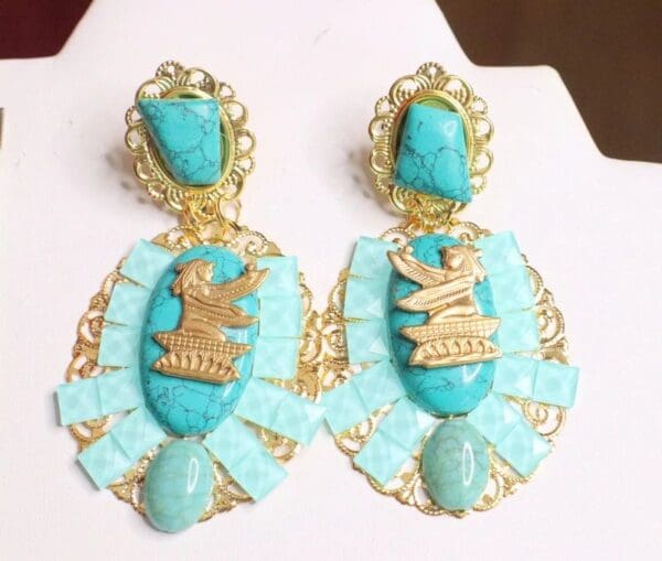 SOLD! 7132 Egyptian Revival Genuine Turquoise Oharaoh Earrings - Image 3