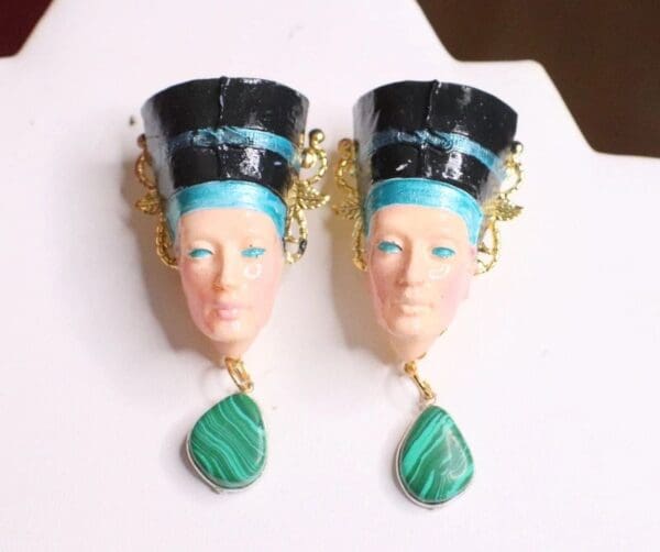 SOLD! 7134 Egyptian Revival Genuine Malachite Cleopatra Earrings - Image 2