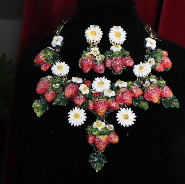 SOLD! 7136 Set Of Hand Painted Vivid Strawberry Necklace+ Earrings - Image 3