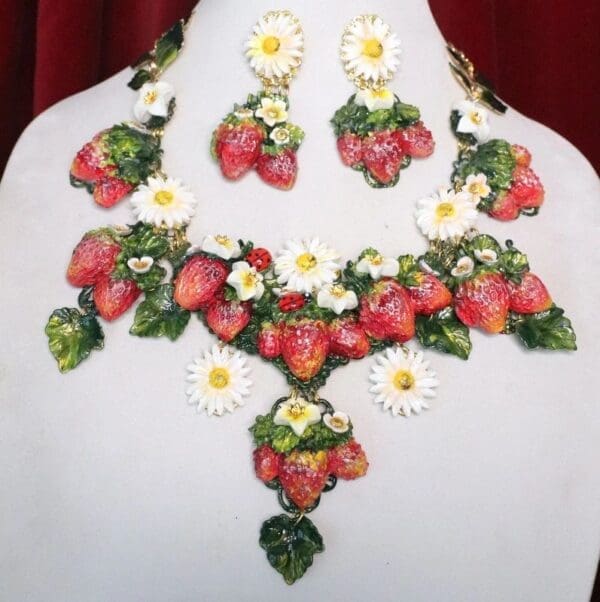 SOLD! 7136 Set Of Hand Painted Vivid Strawberry Necklace+ Earrings