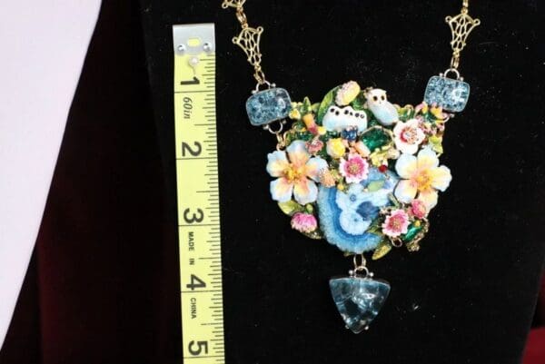 SOLD! 7138 Art Nouveau Enamel Owl Genuine Solar Crack Quartz Gemstones Necklace - Image 2