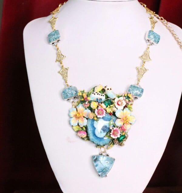 SOLD! 7138 Art Nouveau Enamel Owl Genuine Solar Crack Quartz Gemstones Necklace - Image 4
