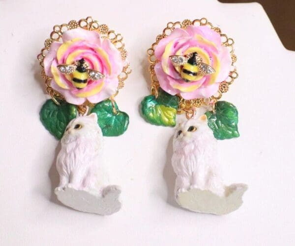 SOLD! 7140 Baroque 3D Effect Rose Bee Adorable Cat Earrings - Image 7