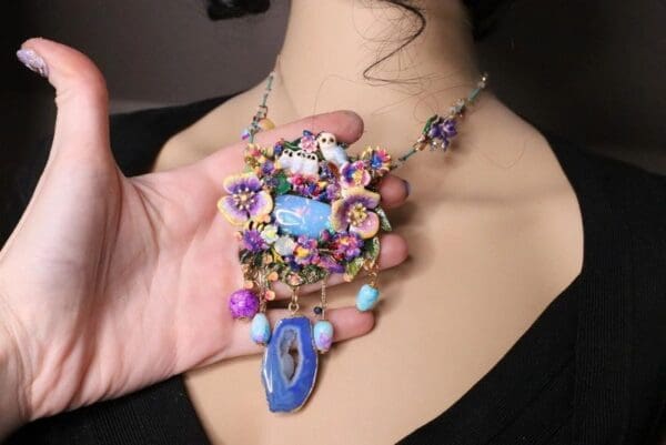 SOLD! 7144 Art Nouveau Enamel Owl Genuine Opal Agate Gemstones Necklace - Image 2