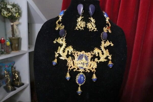 SOLD! 7148 Asian Revival Minka Dragons Genuine Opal Gemstones Hand Painted Mask Unique Necklace - Image 8