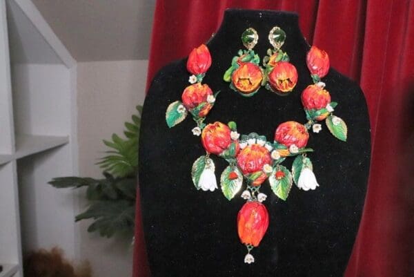 SOLD! 7151 Set Of Tulips Lily Of The Valley Hand Painted Necklace+ Earrings - Image 3