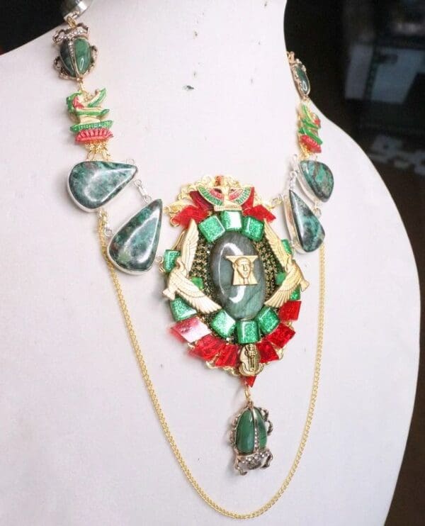 SOLD! 7184 Egyptian Revival Pharaoh Genuine Fiery Labradorite Chrysocolla Gemstones Necklace - Image 3