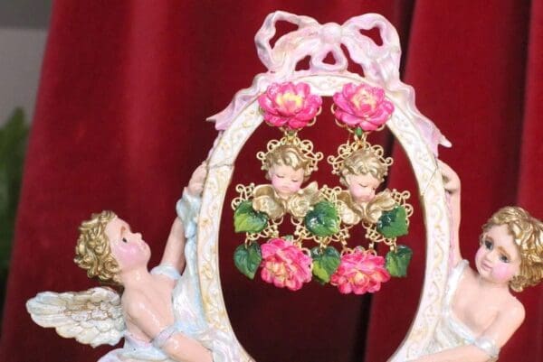 SOLD! 7198 Baroque Sleeping Cherubs Hand Painted Roses Earrings - Image 6