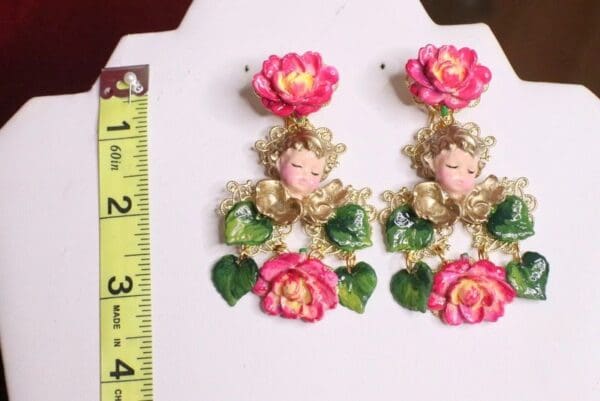 SOLD! 7198 Baroque Sleeping Cherubs Hand Painted Roses Earrings - Image 7