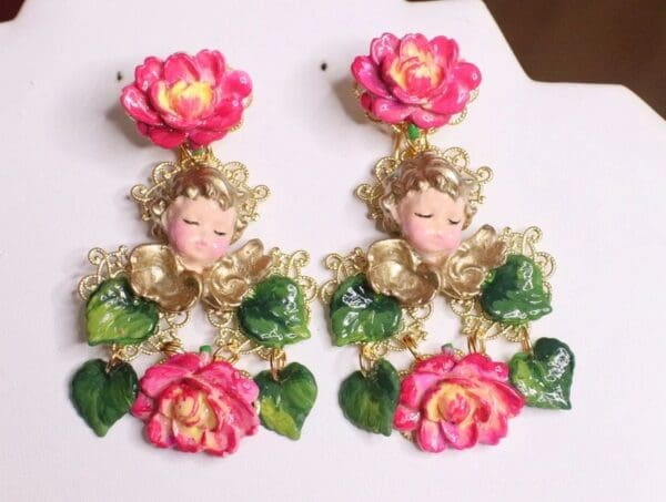 SOLD! 7198 Baroque Sleeping Cherubs Hand Painted Roses Earrings