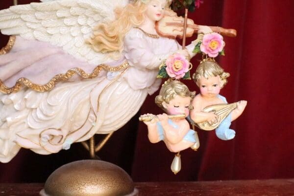 SOLD! 7199 Baroque White Roses Musical Cherubs White Ribbon Studs Earrings - Image 2