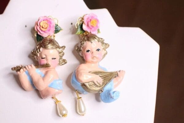 SOLD! 7199 Baroque White Roses Musical Cherubs White Ribbon Studs Earrings - Image 8