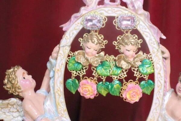 SOLD! 7202 Baroque Sleeping Cherubs Hand Painted Roses Earrings - Image 6