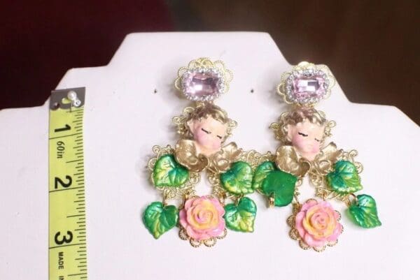 SOLD! 7202 Baroque Sleeping Cherubs Hand Painted Roses Earrings - Image 7